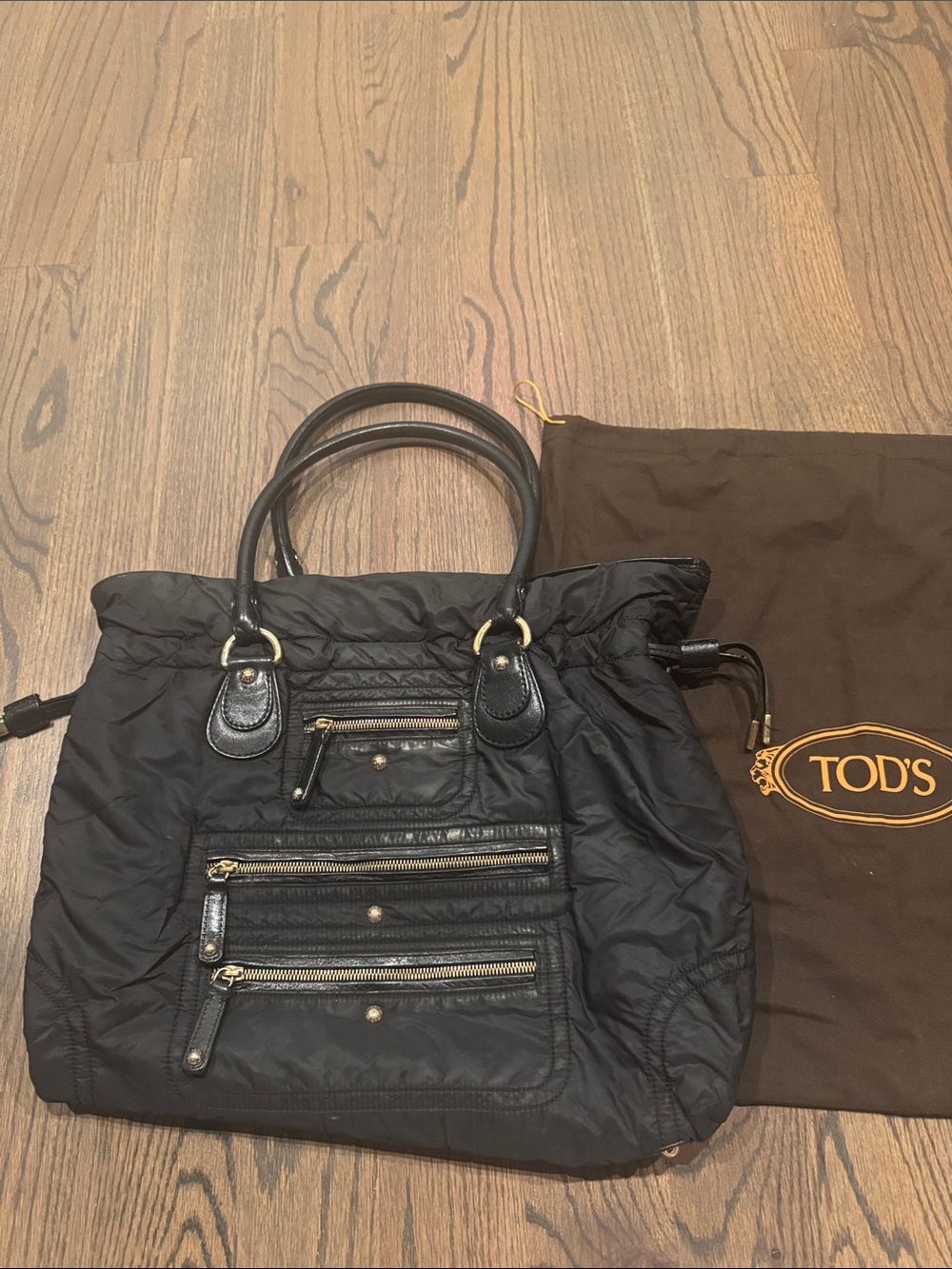 Tod's Black Nylon Tote with Leather Handles and Gold Hardware